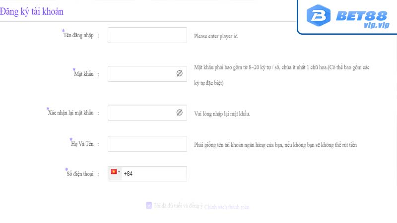 Quy trình đăng ký tài khoản bet88